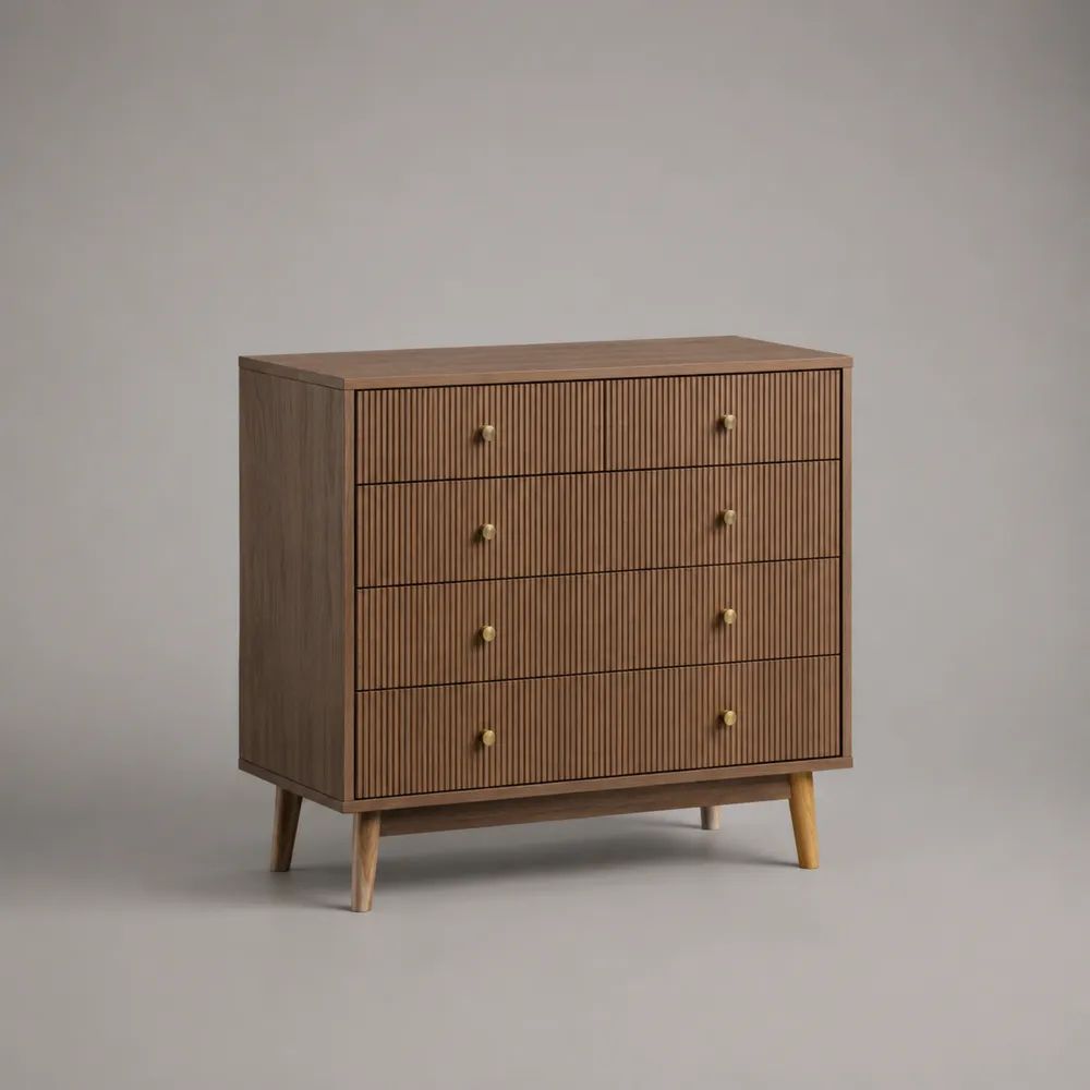 Kommode mit 4 Schubladen aus MDF mit Walnussfurnier, Braun/Gold, 80 × 40 × 90 cm