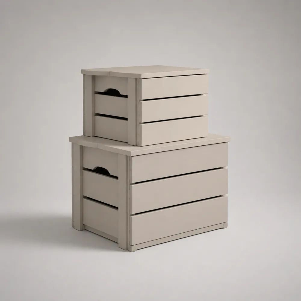 Aufbewahrungskisten mit Deckel im 2er-Set aus Kiefer-Massivholz, Beige, 45 × 35 × 40 cm und 35 × 28 × 30 cm