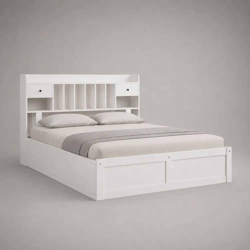 Doppelbett mit Stauraumkopfteil aus MDF und Kiefernholz, Weiß, Liegefläche 160 × 200 cm