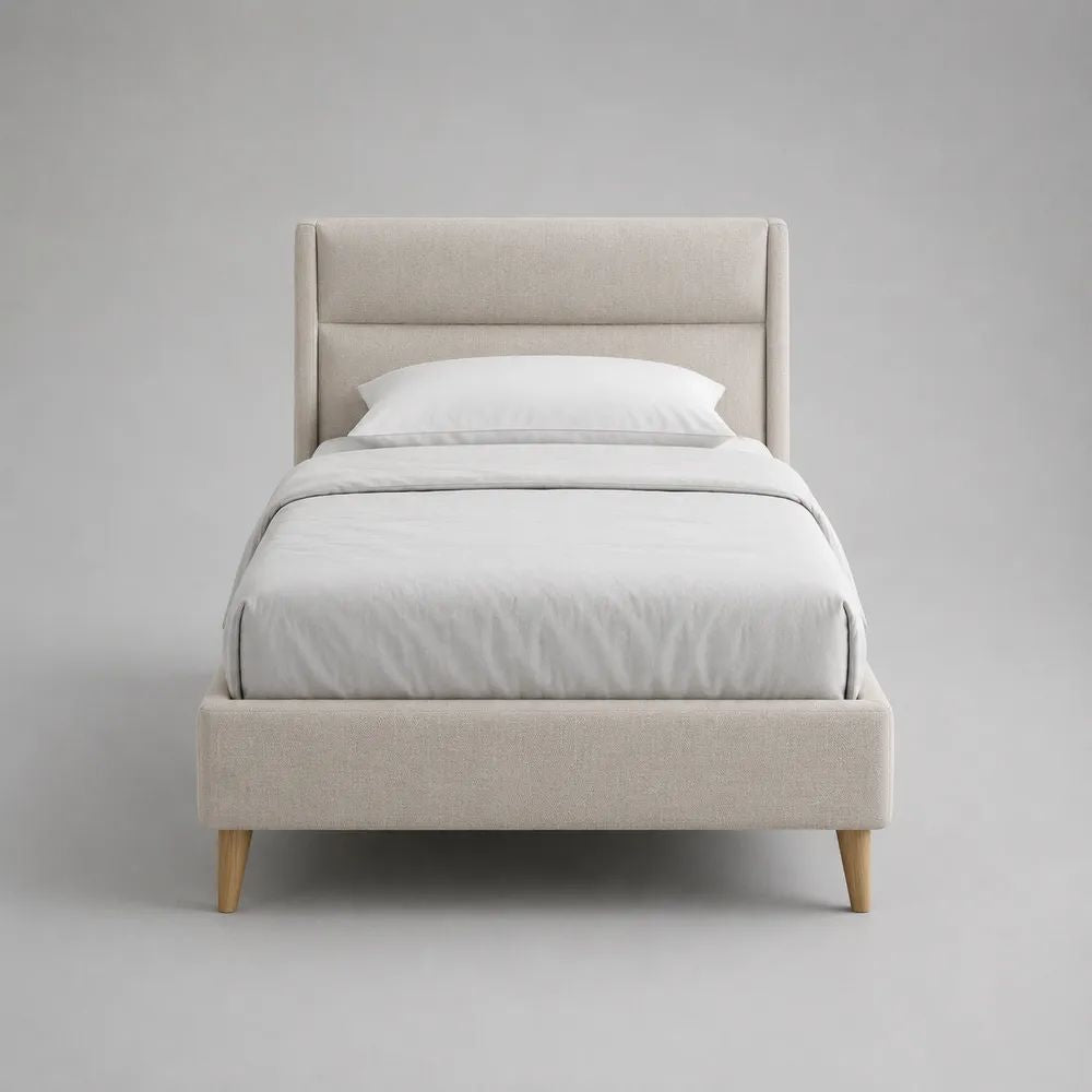 Polsterbett Einzelbett mit Polyesterbezug und Lattenrost, Beige/Natur, 90 × 200 cm