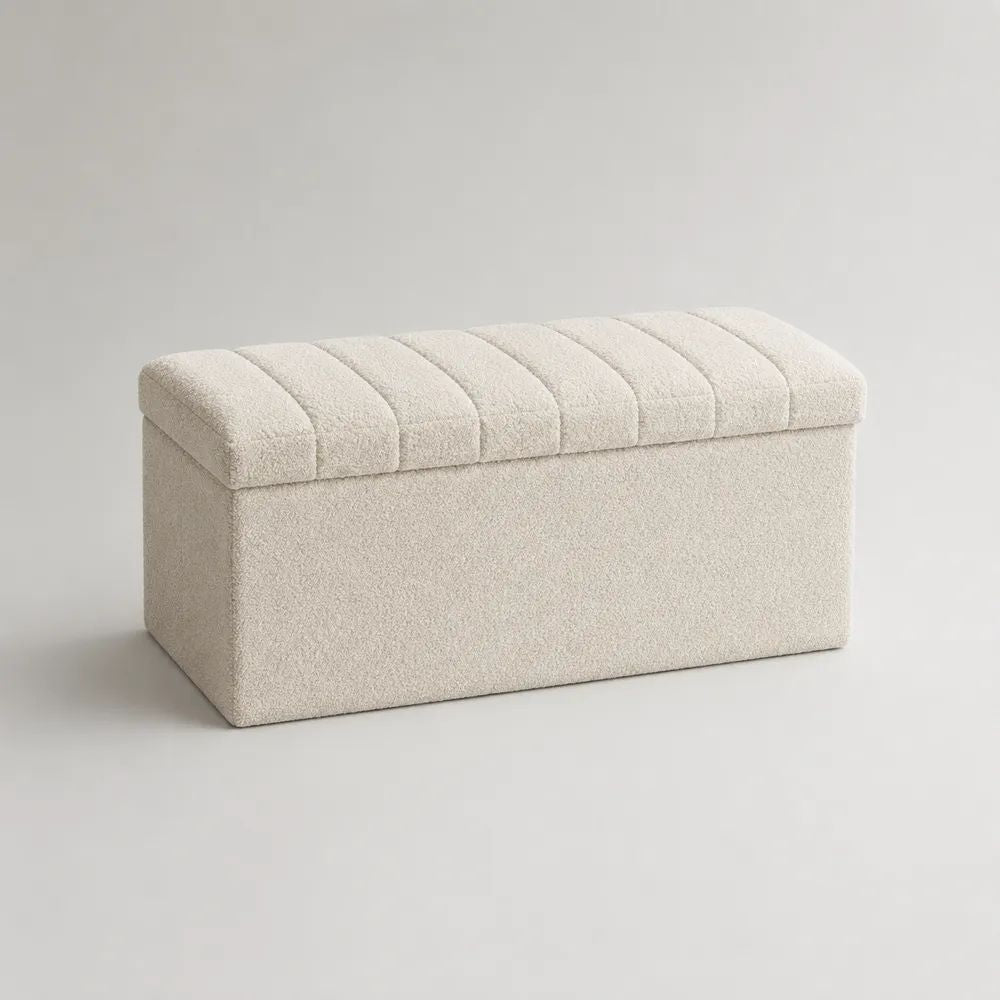 Rechteckige Sitzbank mit Stauraum aus Polyester-Bouclé, Cremeweiß, 112 × 42 × 46 cm