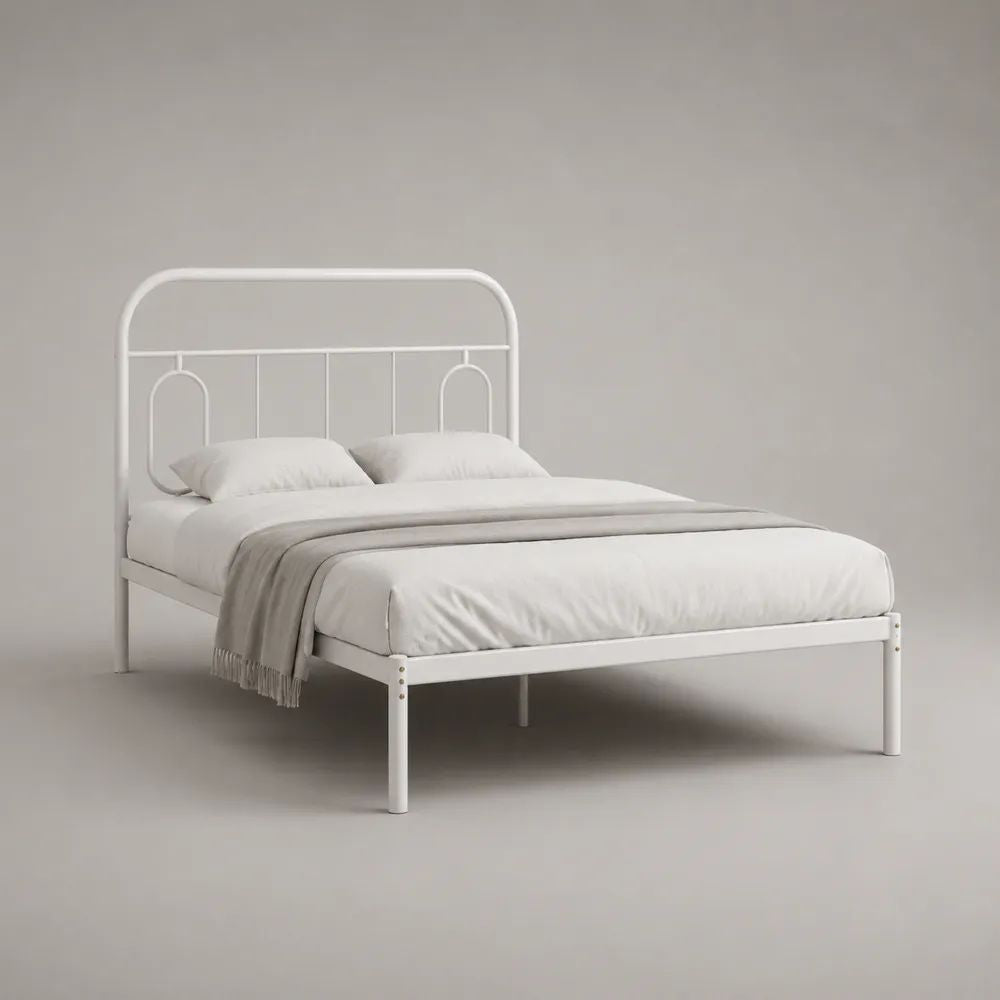 Metallbett 160 x 200 cm, Bettgestell aus pulverbeschichtetem Stahl mit Rundbogen-Kopfteil, Weiß