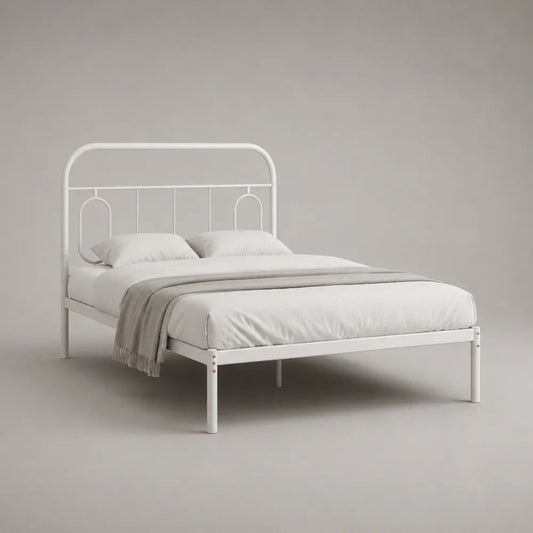 Metallbett 160 x 200 cm, Bettgestell aus pulverbeschichtetem Stahl mit Rundbogen-Kopfteil, Weiß