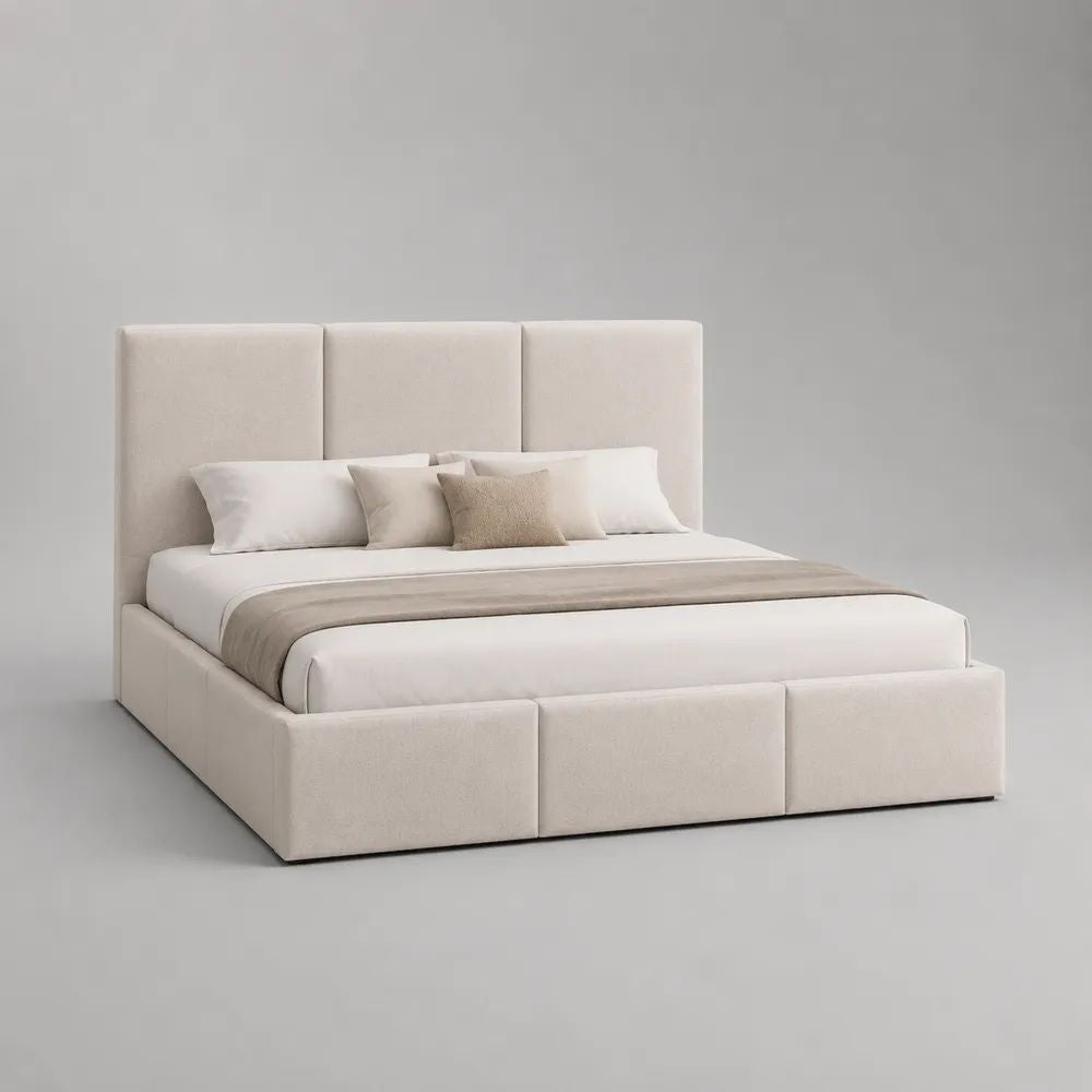Stauraum-Polsterbett mit 3 Schubladen und Lattenrost, Polyester-Chenille, Creme, Liegefläche 180 x 200 cm, Gesamtmaß 220 x 205 x 120 cm