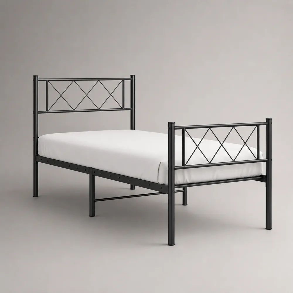 Metallbett mit Lattenrost, schwarzes Bettgestell aus pulverbeschichtetem Stahl, Liegefläche 140 x 200 cm, Gesamtmaß 208 x 146 x 110 cm