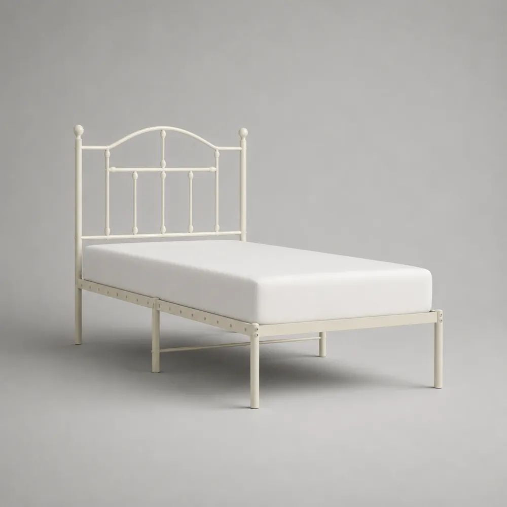 Metallbett Einzelbett aus pulverbeschichtetem Stahl, Cremeweiß, Liegefläche 90 x 200 cm, Gesamtmaß 208 x 96 x 110 cm