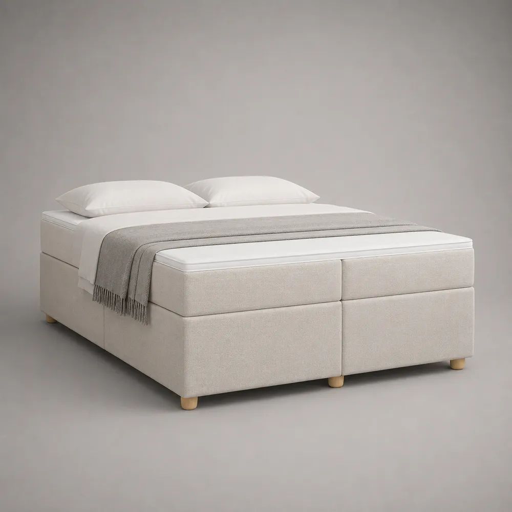 Boxspringbett-Set 180 × 200 cm, 65 cm hoch, mit 2 Federkernmatratzen und Topper, Stoffbezug, Cremeweiß/Natur