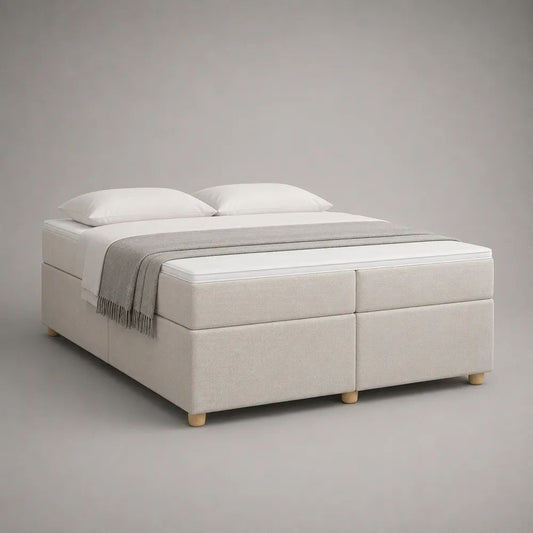 Boxspringbett-Set 180 × 200 cm, 65 cm hoch, mit 2 Federkernmatratzen und Topper, Stoffbezug, Cremeweiß/Natur