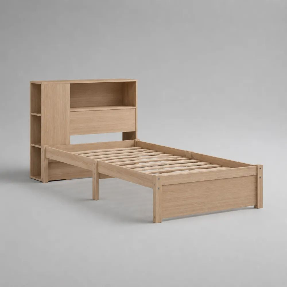 Einzelbett mit Regal-Kopfteil und Lattenrost, Liegefläche 90 × 200 cm, Gesamtmaß 218 × 100 × 140 cm, Kiefernholz und Spanplatte, Eiche hell