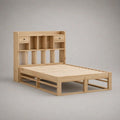 Stauraum-Doppelbett aus massivem Kiefernholz mit Regal-Kopfteil, 2 Schubladen und Lattenrost, Natur/Schwarz, 140 x 200 cm
