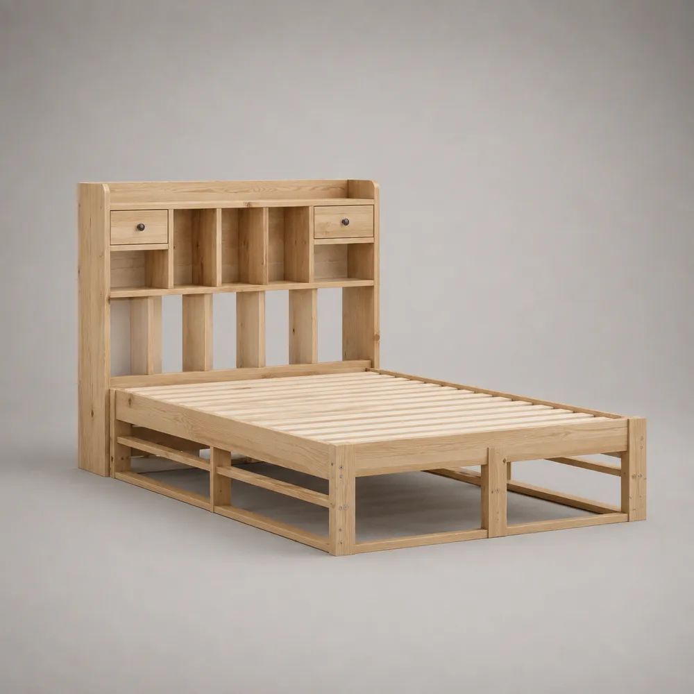 Stauraum-Doppelbett aus massivem Kiefernholz mit Regal-Kopfteil, 2 Schubladen und Lattenrost, Natur/Schwarz, 140 x 200 cm