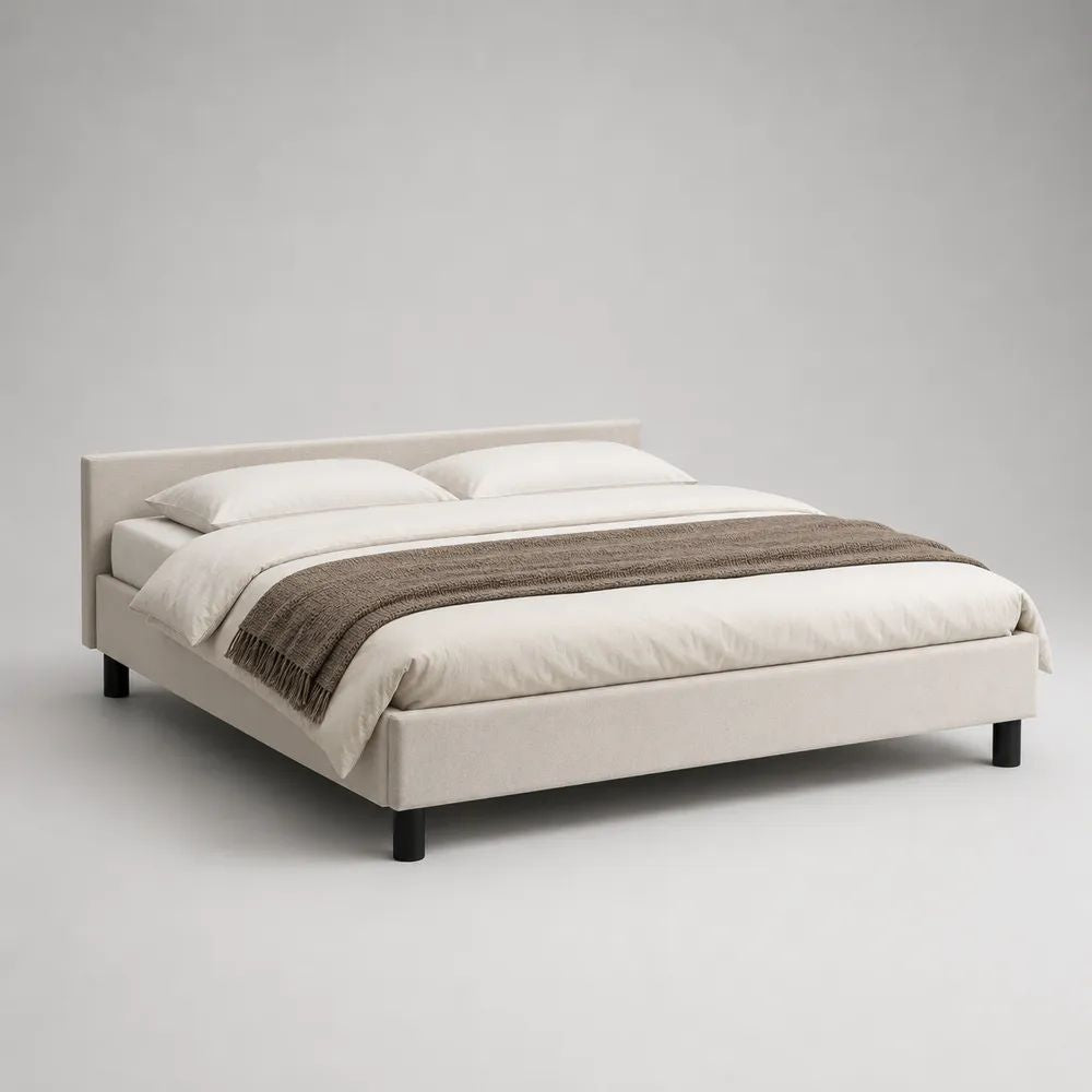 Polsterbett Doppelbett mit Stoffbezug, gepolstertem Kopfteil und Metallbeinen, Creme/Schwarz, Liegefläche 160 x 200 cm