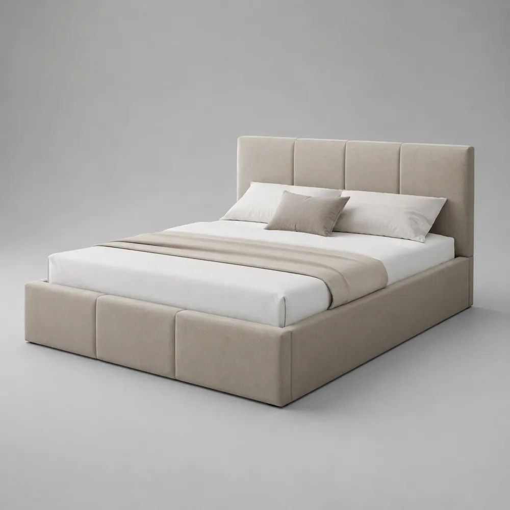 Stauraumbett 160 × 200 cm mit Bettkasten, Lattenrost und Polyesterbezug, Beige, 217 × 174 × 112 cm