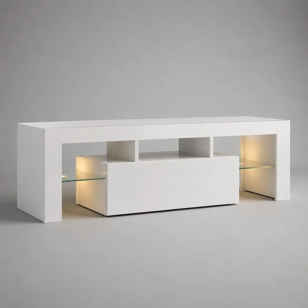 TV-Lowboard mit LED-Beleuchtung aus MDF und 6-mm-Sicherheitsglas, Weiß, 200 × 40 × 75 cm