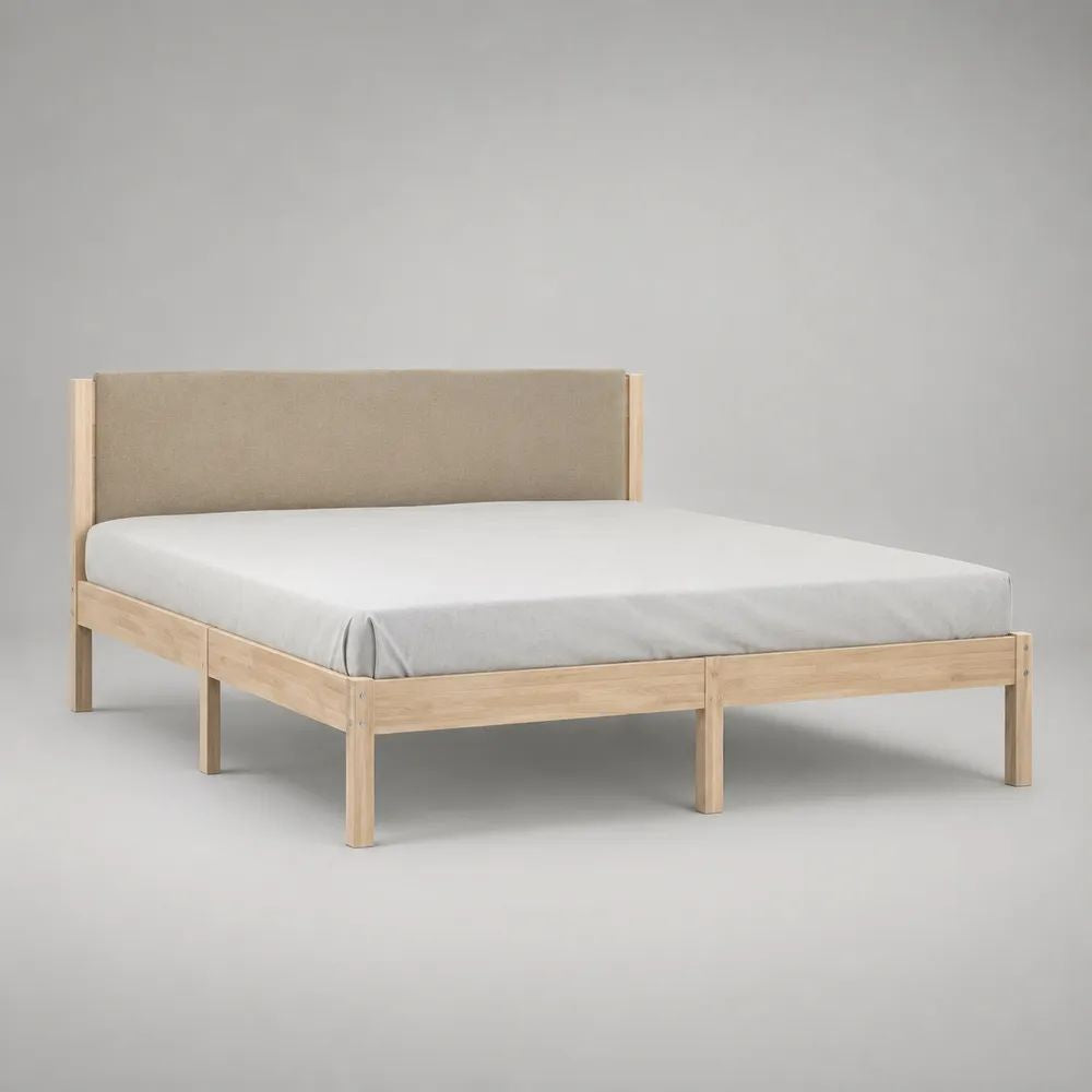 Doppelbett-Bettgestell aus massivem Kiefernholz mit gepolstertem Kopfteil, Natur/Beige, 208 x 188 x 95 cm, Liegefläche 180 x 200 cm