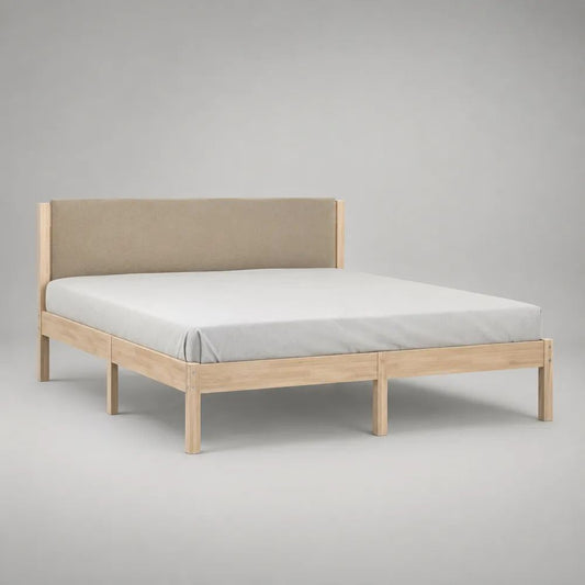 Doppelbett-Bettgestell aus massivem Kiefernholz mit gepolstertem Kopfteil, Natur/Beige, 208 x 188 x 95 cm, Liegefläche 180 x 200 cm