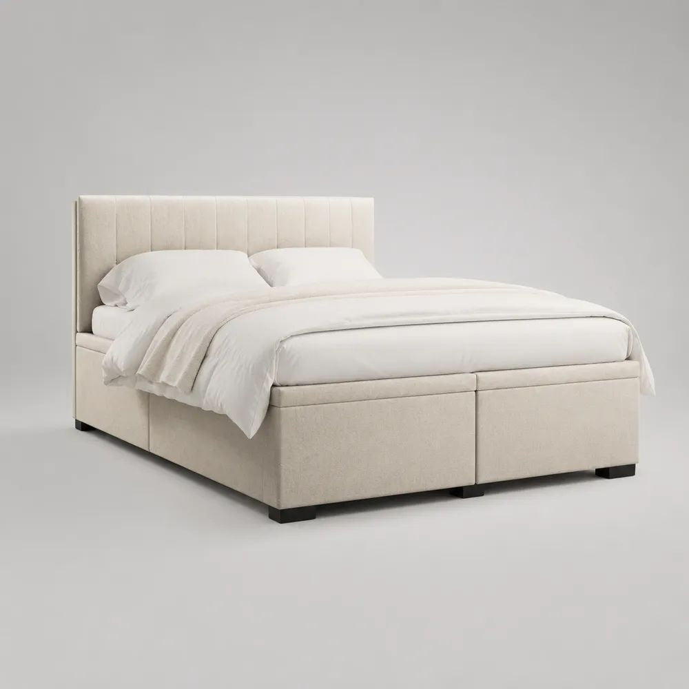 Boxspringbett mit Matratze und gepolstertem Kopfteil, Polyester-Chenille, Cremeweiß/Schwarz, Liegefläche 180 × 200 cm
