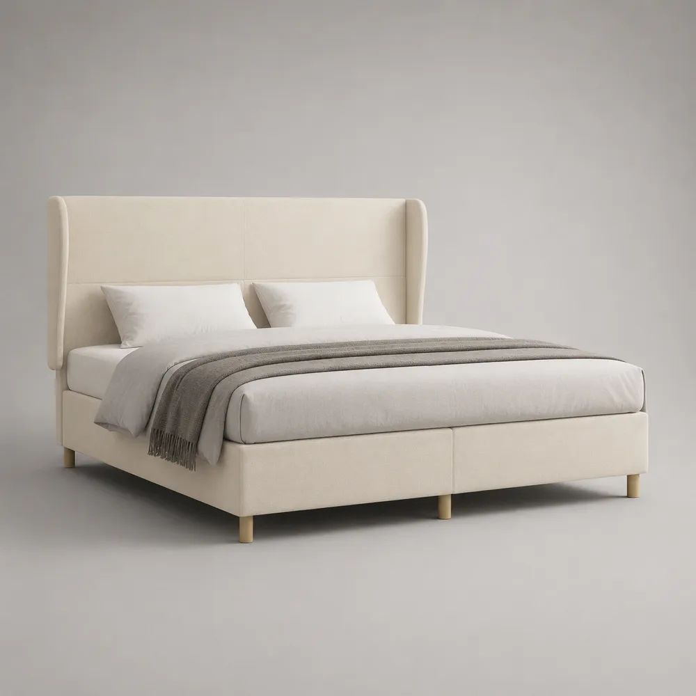 Polsterbett Doppelbett mit Flügelkopfteil und Polyesterbezug, Beige/Natur, Liegefläche 180 × 200 cm