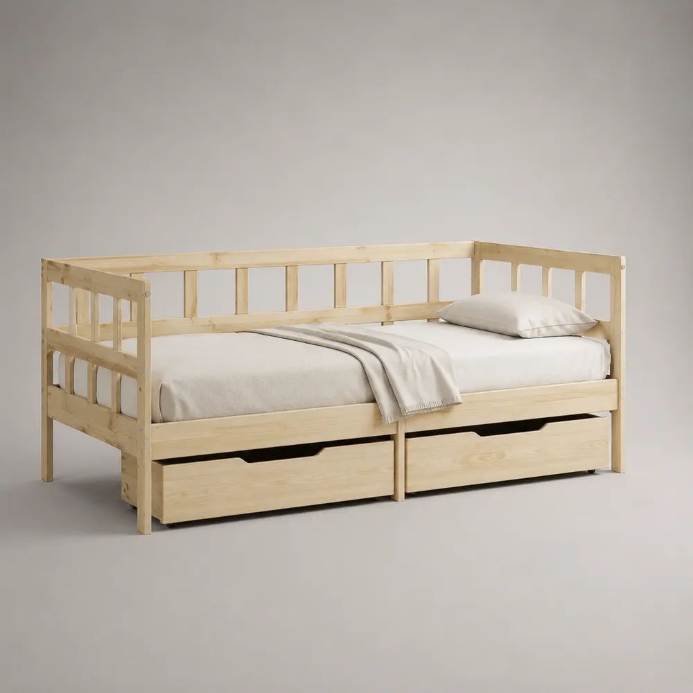 Tagesbett aus massivem Kiefernholz, 205 x 96 x 78 cm, Liegefläche 90 x 200 cm, mit Lattenrost und 2 Schubladen, Natur
