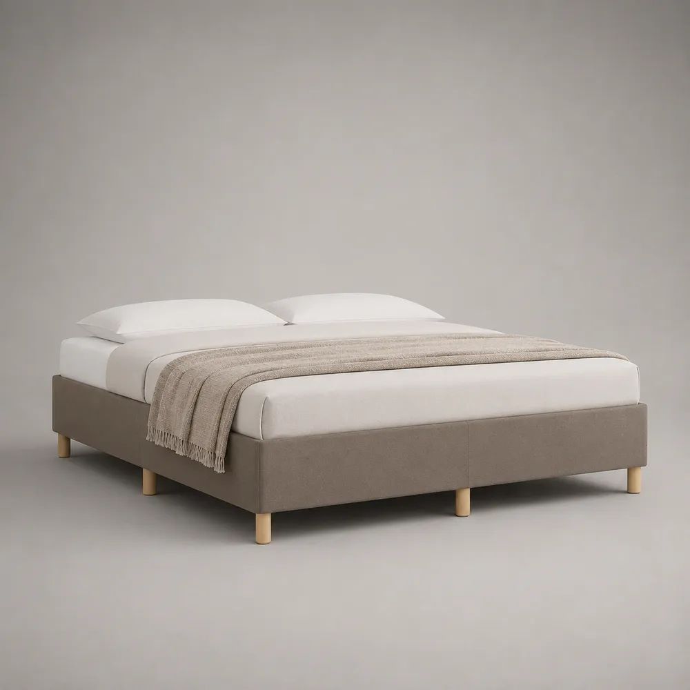 Polsterbett Doppelbett 180 × 200 cm ohne Kopfteil, mit Polyesterbezug, Holzrahmen und Holzfüßen, Taupe/Natur